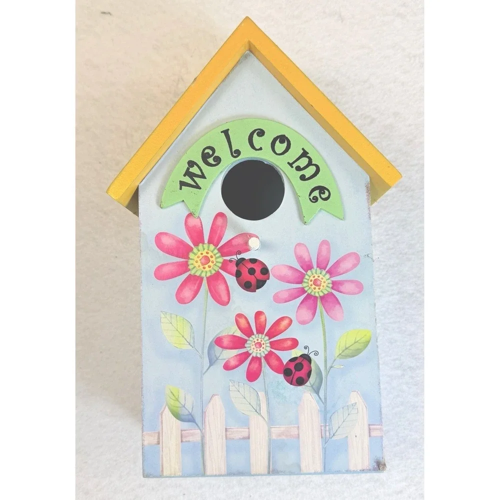 Wooden Welcome Birdhouse Wall Hanging Pink Flowers Ladybugs Spring Garden Decor
